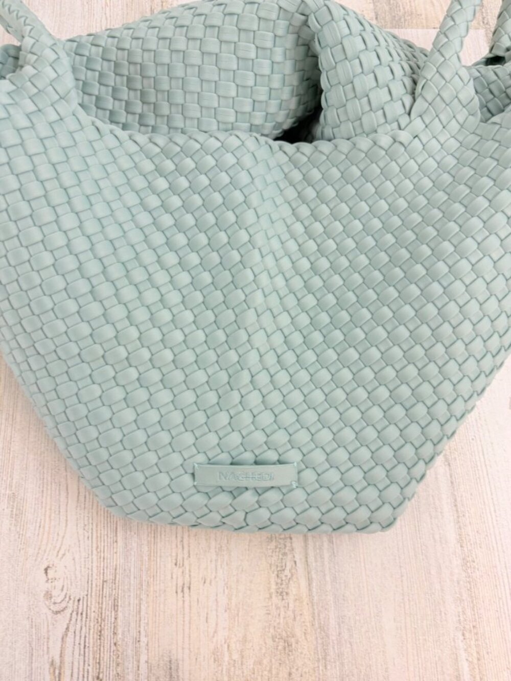 Naghedi St Barths Medium Tote Aqua Green Woven Neoprene with Pouch - Picture 6 of 16
